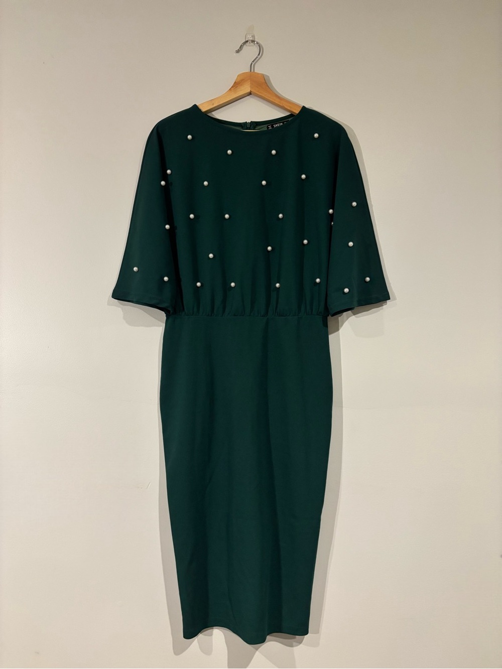 NWOT SHEIN Emerald Green Midi Dress with Pearl Accents